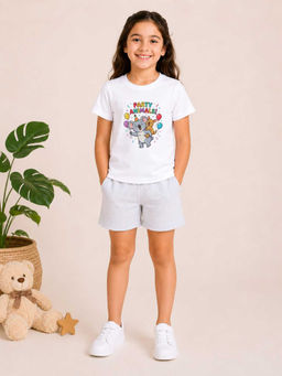 MALKIAT - Girls White Pure Cotton Graphic Printed T-shirt and Shorts
