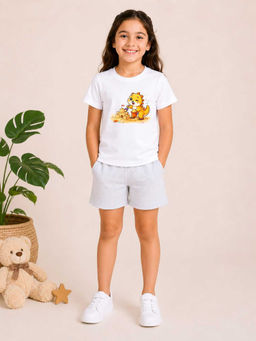 MALKIAT - Girls White Pure Cotton Graphic Printed T-shirt and Shorts