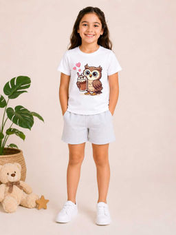 MALKIAT - Girls White Pure Cotton Graphic Printed T-shirt and Shorts