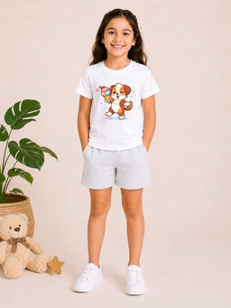 MALKIAT - Girls White Pure Cotton Graphic Printed T-shirt and Shorts
