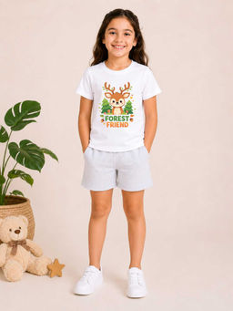 MALKIAT - Girls White Pure Cotton Graphic Printed T-shirt and Shorts