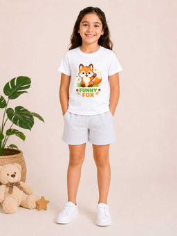 MALKIAT - Girls White Pure Cotton Graphic Printed T-shirt and Shorts