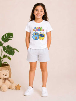 MALKIAT - Girls White Pure Cotton Graphic Printed T-shirt and Shorts