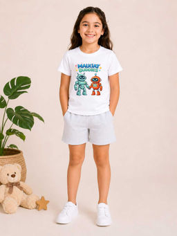 MALKIAT - Girls White Pure Cotton Graphic Printed T-shirt and Shorts