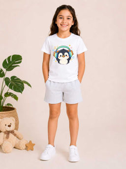 MALKIAT - Girls White Pure Cotton Graphic Printed T-shirt and Shorts