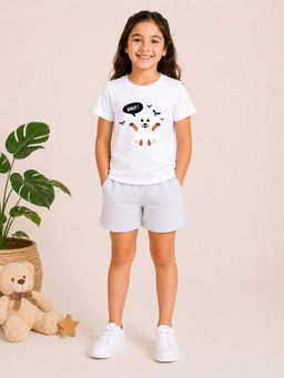 MALKIAT - Girls White Pure Cotton Graphic Printed T-shirt and Shorts