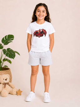 MALKIAT - Girls White Pure Cotton Graphic Printed T-shirt and Shorts