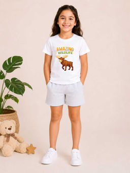 MALKIAT - Girls White Pure Cotton Graphic Printed T-shirt and Shorts