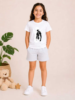 MALKIAT - Girls White Pure Cotton Graphic Printed T-shirt and Shorts