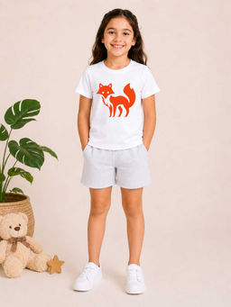 MALKIAT - Girls White Pure Cotton Graphic Printed T-shirt and Shorts