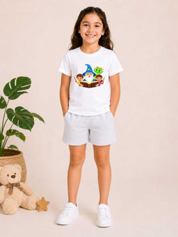 MALKIAT - Girls White Pure Cotton Graphic Printed T-shirt and Shorts