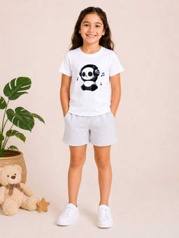 MALKIAT - Girls White Pure Cotton Graphic Printed T-shirt and Shorts
