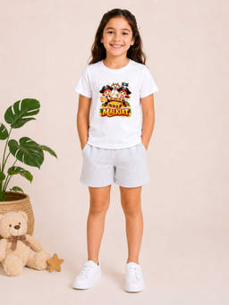 MALKIAT - Girls White Pure Cotton Graphic Printed T-shirt and Shorts