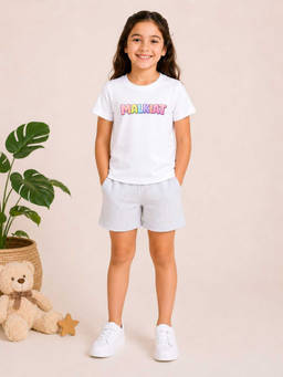 MALKIAT - Girls White Pure Cotton Graphic Printed T-shirt and Shorts
