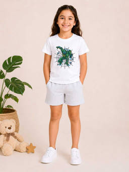 MALKIAT - Girls White Pure Cotton Graphic Printed T-shirt and Shorts