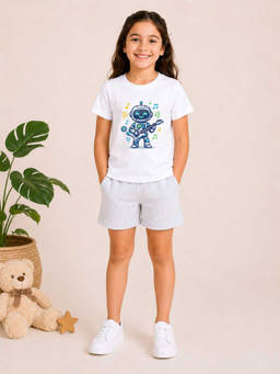 MALKIAT - Girls White Pure Cotton Graphic Printed T-shirt and Shorts