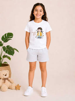 MALKIAT - Girls White Pure Cotton Graphic Printed T-shirt and Shorts