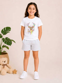 MALKIAT - Girls White Pure Cotton Graphic Printed T-shirt and Shorts
