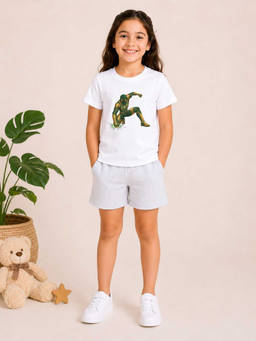 MALKIAT - Girls White Pure Cotton Graphic Printed T-shirt and Shorts
