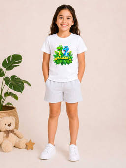 MALKIAT - Girls White Pure Cotton Graphic Printed T-shirt and Shorts