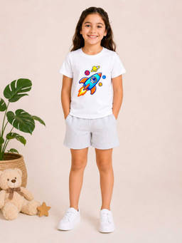 MALKIAT - Girls White Pure Cotton Graphic Printed T-shirt and Shorts