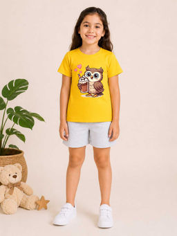 MALKIAT - Girls Yellow Pure Cotton Graphic Printed T-shirt and Shorts