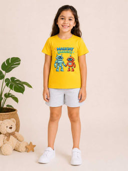 MALKIAT - Girls Yellow Pure Cotton Graphic Printed T-shirt and Shorts