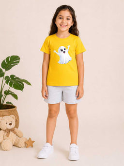 MALKIAT - Girls Yellow Pure Cotton Graphic Printed T-shirt and Shorts