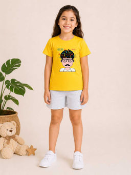 MALKIAT - Girls Yellow Pure Cotton Graphic Printed T-shirt and Shorts