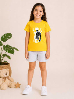 MALKIAT - Girls Yellow Pure Cotton Graphic Printed T-shirt and Shorts