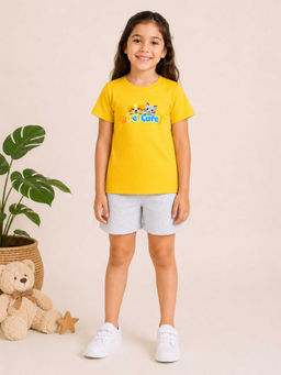 MALKIAT - Girls Yellow Pure Cotton Graphic Printed T-shirt and Shorts