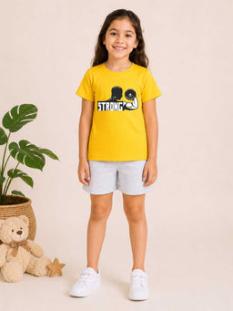 MALKIAT - Girls Yellow Pure Cotton Graphic Printed T-shirt and Shorts
