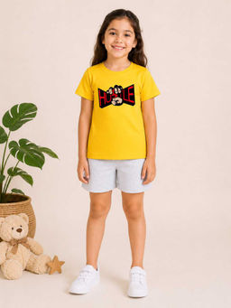 MALKIAT - Girls Yellow Pure Cotton Graphic Printed T-shirt and Shorts