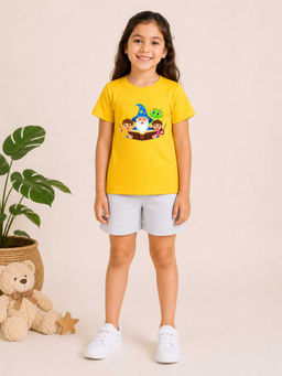 MALKIAT - Girls Yellow Pure Cotton Graphic Printed T-shirt and Shorts