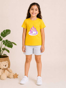 MALKIAT - Girls Yellow Pure Cotton Graphic Printed T-shirt and Shorts