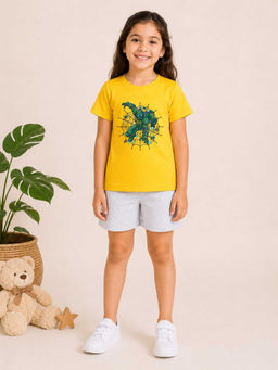 MALKIAT - Girls Yellow Pure Cotton Graphic Printed T-shirt and Shorts