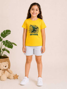 MALKIAT - Girls Yellow Pure Cotton Graphic Printed T-shirt and Shorts