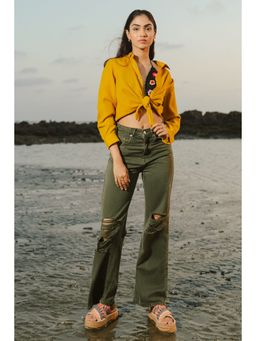 FREAKINS - Olive Distressed Wide Jeans