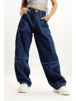 FREAKINS - Blue Contrast Seam Cargo Pocket Jeans