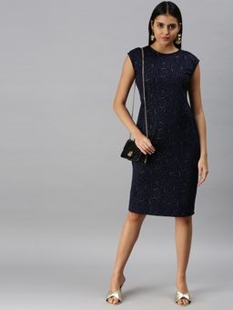 SHOWOFFFF - Women Navy Blue Printed Round Neck Dress