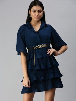 SHOWOFF - Women Teal Ruffled Collar Neck Fit and Flare Dress