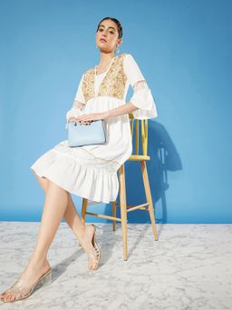 Miss Chase - Women Off White Square Neck Ruffled Sleeve Viscose Embroidered Midi Dress