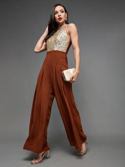 Miss Chase - Women's Brown Halter Neck Sleeveless Pleated All That Glitter Party Jumpsuit
