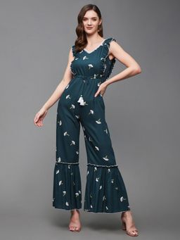 Miss Chase - Women's Teal Floral Printed Ruffled Sleeves Tiered Regular Length Jumpsuit