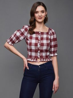 Miss Chase - Women's Maroon and White Square Neck Puff Sleeves Ruffled Checkered Top