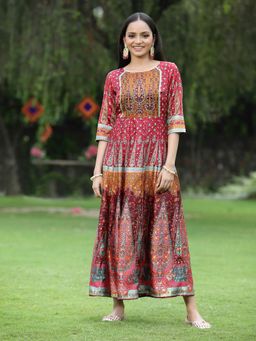Juniper - Maroon Ethnic Motif Printed Dull Satin Anarkali Dress with Buttons.