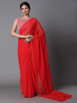 Akhilam - Womens Georgette Red Embellished Celebrity Saree with Unstitched Blouse