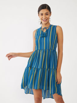 Zink London - Womens Blue Stripes Sleeveless Short Dress