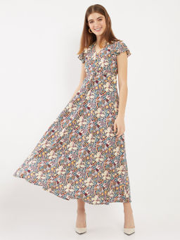 Zink London - Womens Multi-Color Floral Print Short Sleeves Maxi Dress