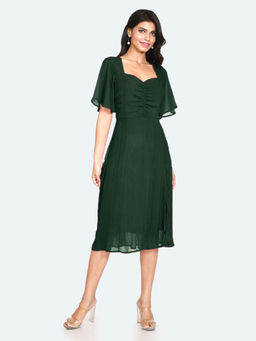 Zink London - Womens Bottle Green Solid Short Sleeves Midi Dress